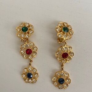 Vintage Gold-Plated Clip-On Drop Earrings – Crystal Floral Design